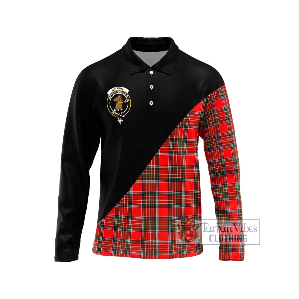 Binning Tartan Long Sleeve Polo Shirt with Family Crest and Military Logo Style Unisex - Tartanvibesclothing Shop