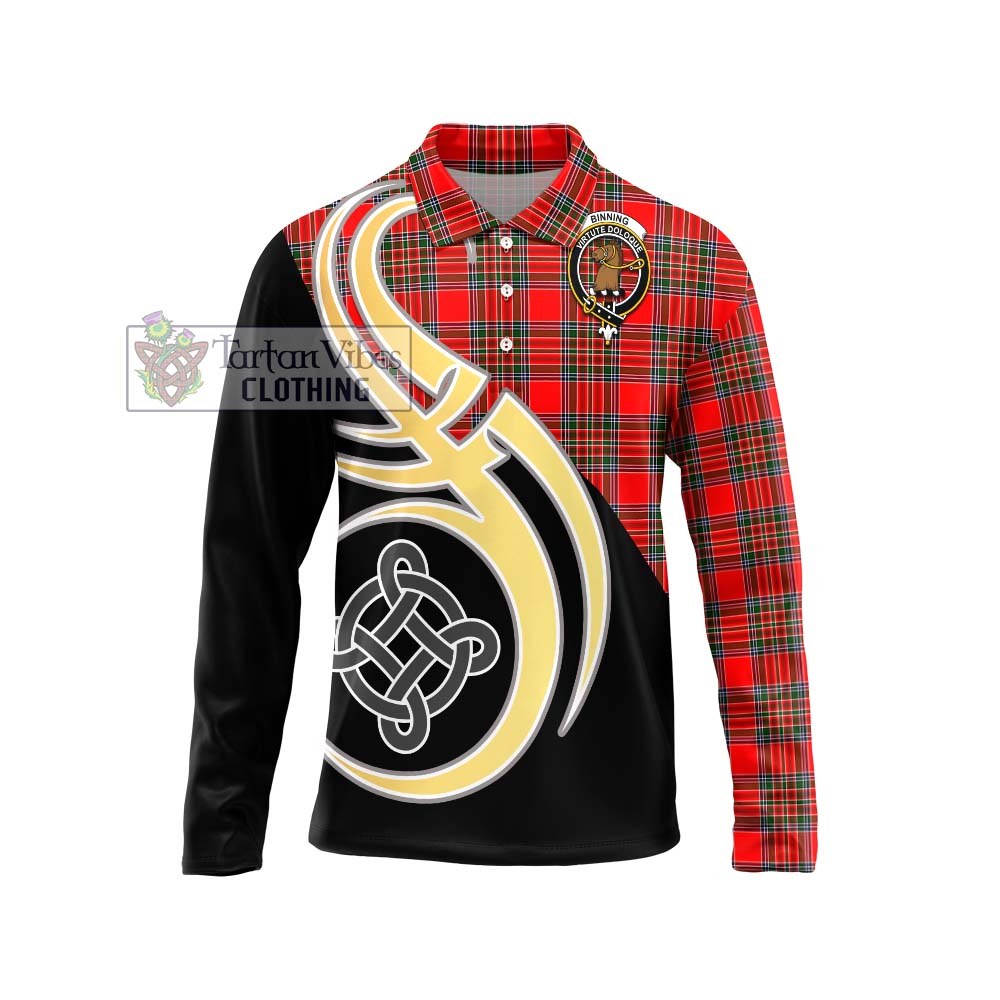 Binning Tartan Long Sleeve Polo Shirt with Family Crest and Celtic Symbol Style Unisex - Tartan Vibes Clothing