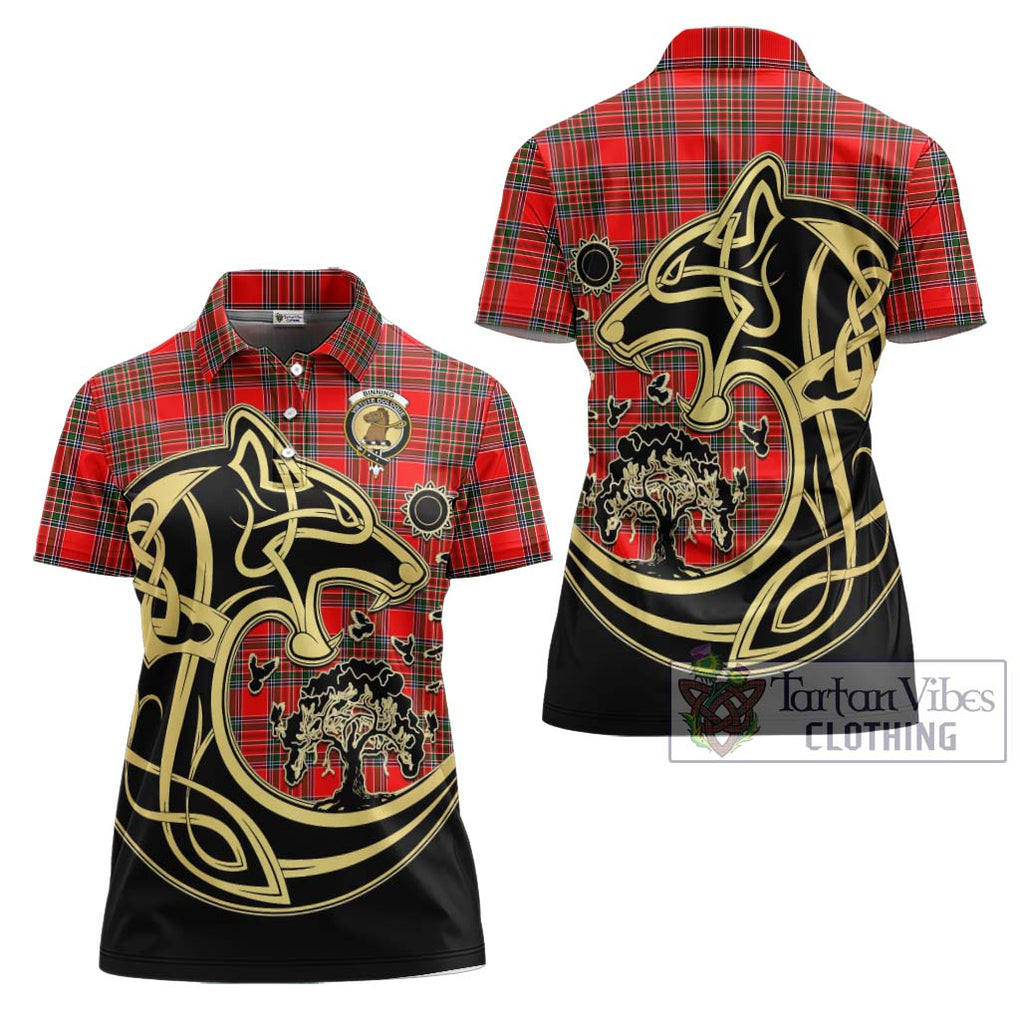 Binning Tartan Women's Polo Shirt with Family Crest Celtic Wolf Style Women - Tartanvibesclothing Shop