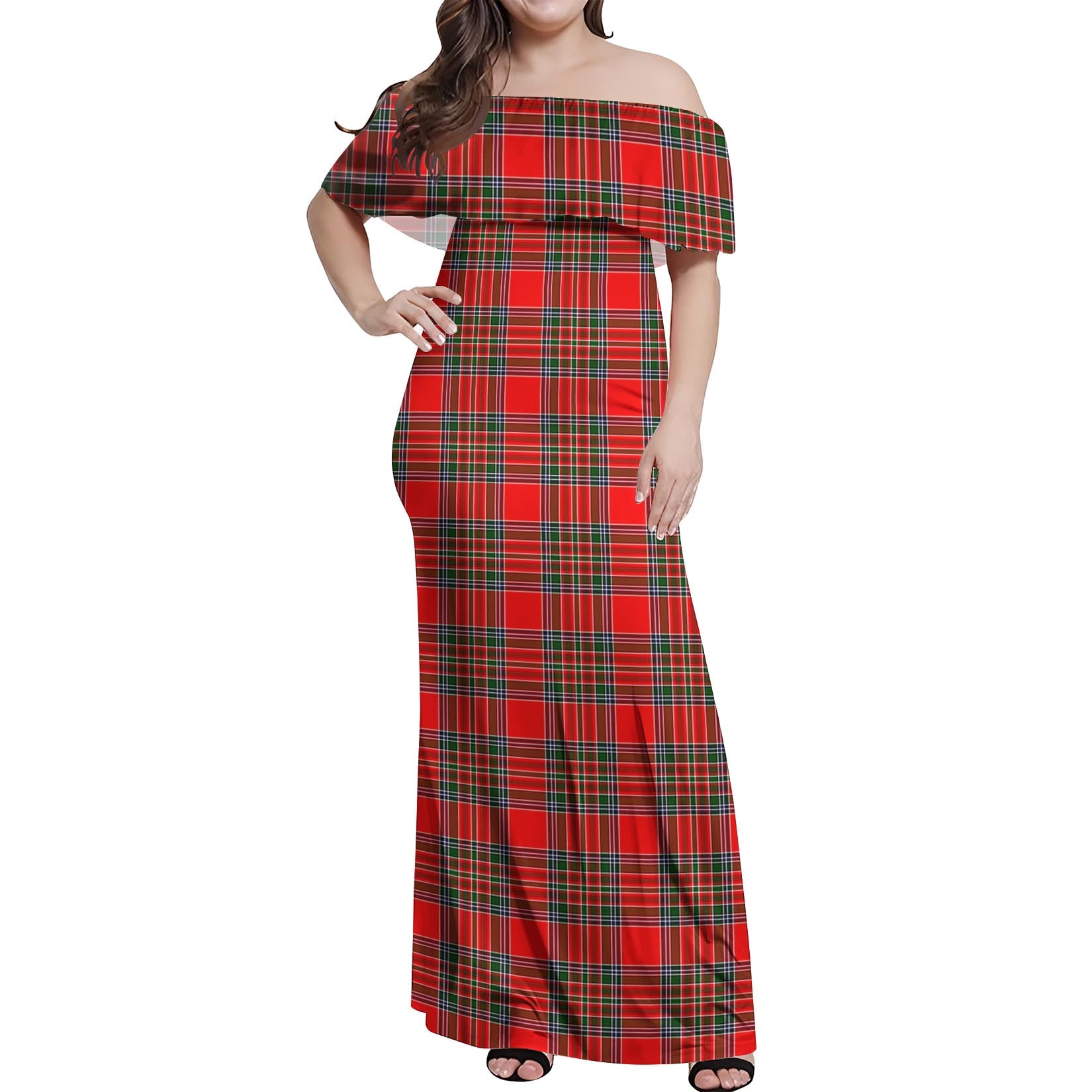 Binning Tartan Off Shoulder Long Dress Women's Dress - Tartanvibesclothing