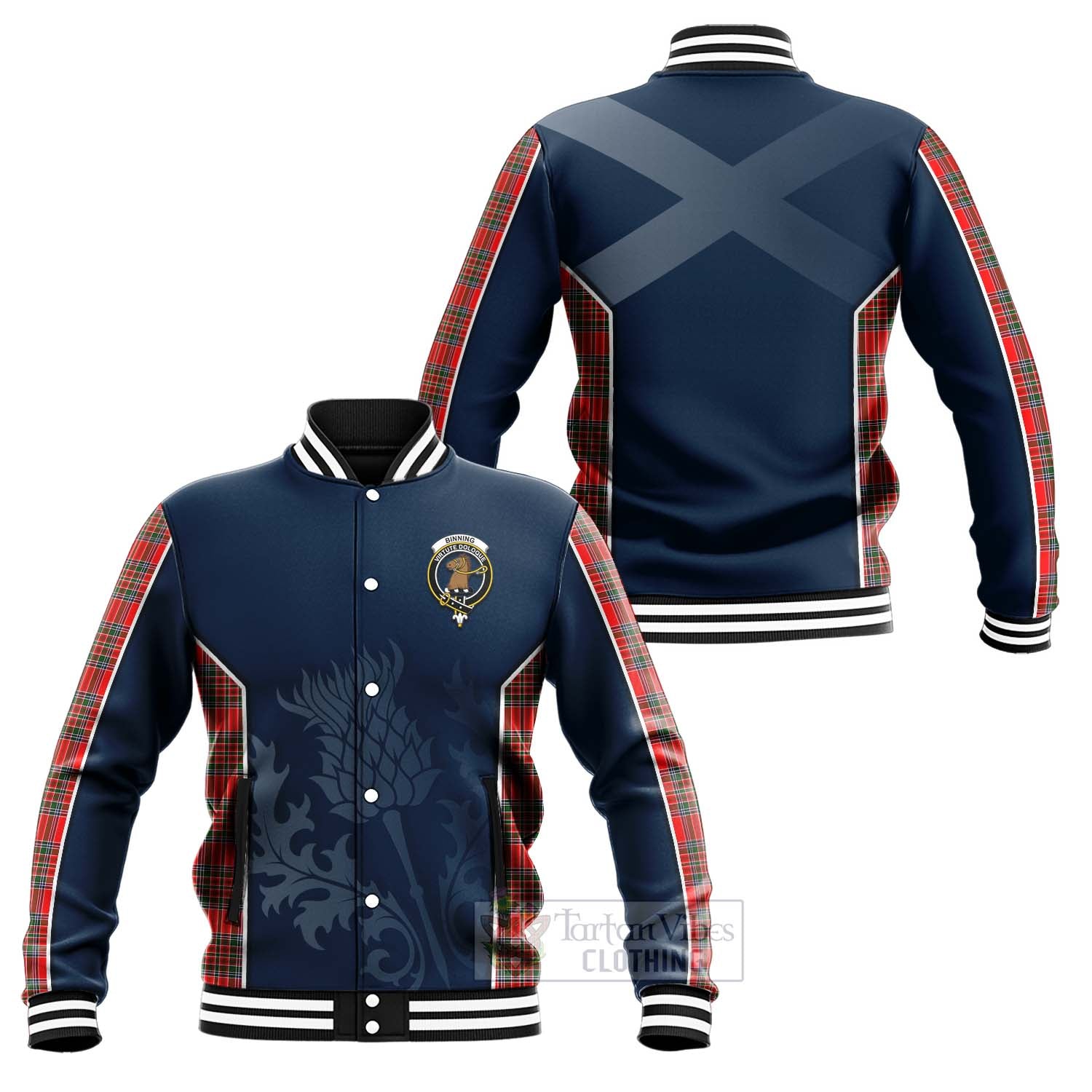 Tartan Vibes Clothing Binning Tartan Baseball Jacket with Family Crest and Scottish Thistle Vibes Sport Style