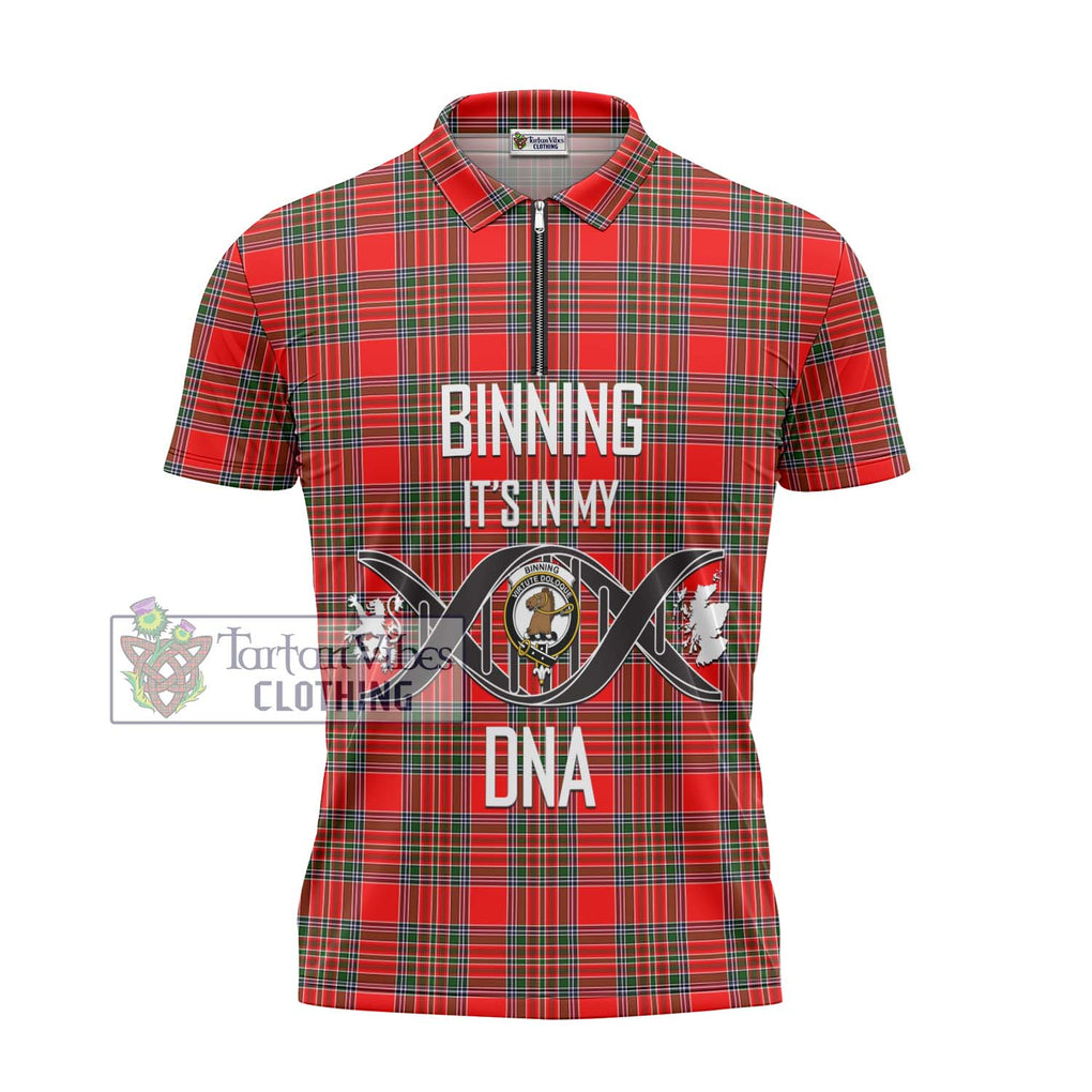 Binning Tartan Zipper Polo Shirt with Family Crest DNA In Me Style - Tartanvibesclothing Shop