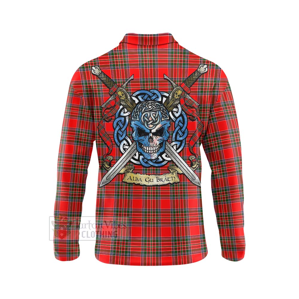 Tartan Vibes Clothing Binning Tartan Long Sleeve Polo Shirt with Family Crest Celtic Skull Style