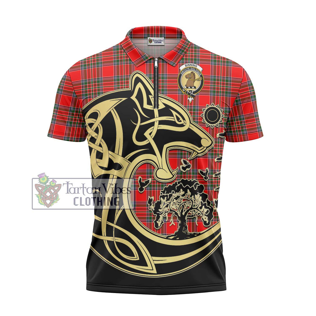 Binning Tartan Zipper Polo Shirt with Family Crest Celtic Wolf Style - Tartanvibesclothing Shop