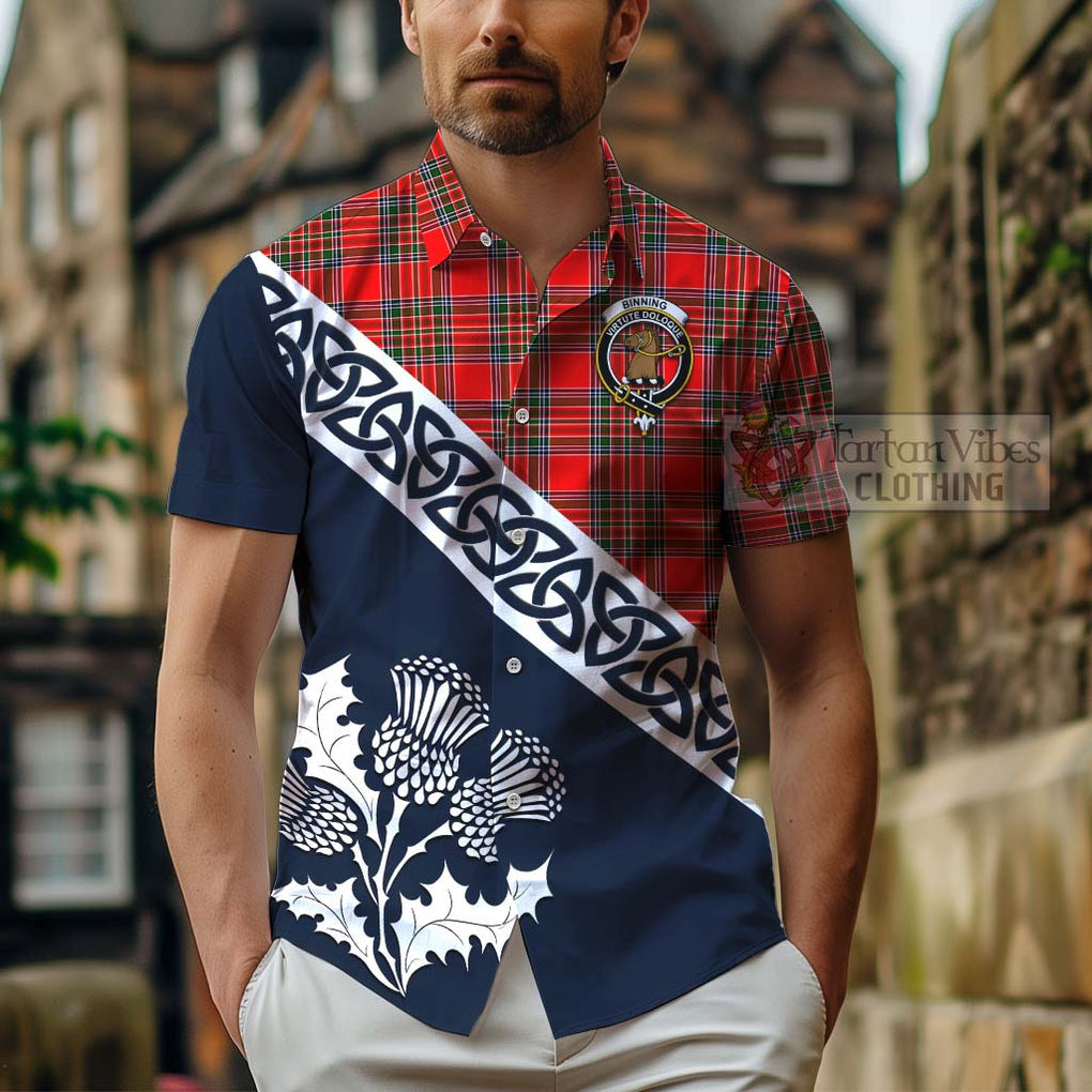 Tartan Vibes Clothing Binning Tartan Short Sleeve Button Shirt Featuring Thistle and Scotland Map