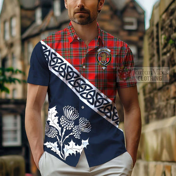 Binning Tartan Short Sleeve Button Shirt Featuring Thistle and Scotland Map