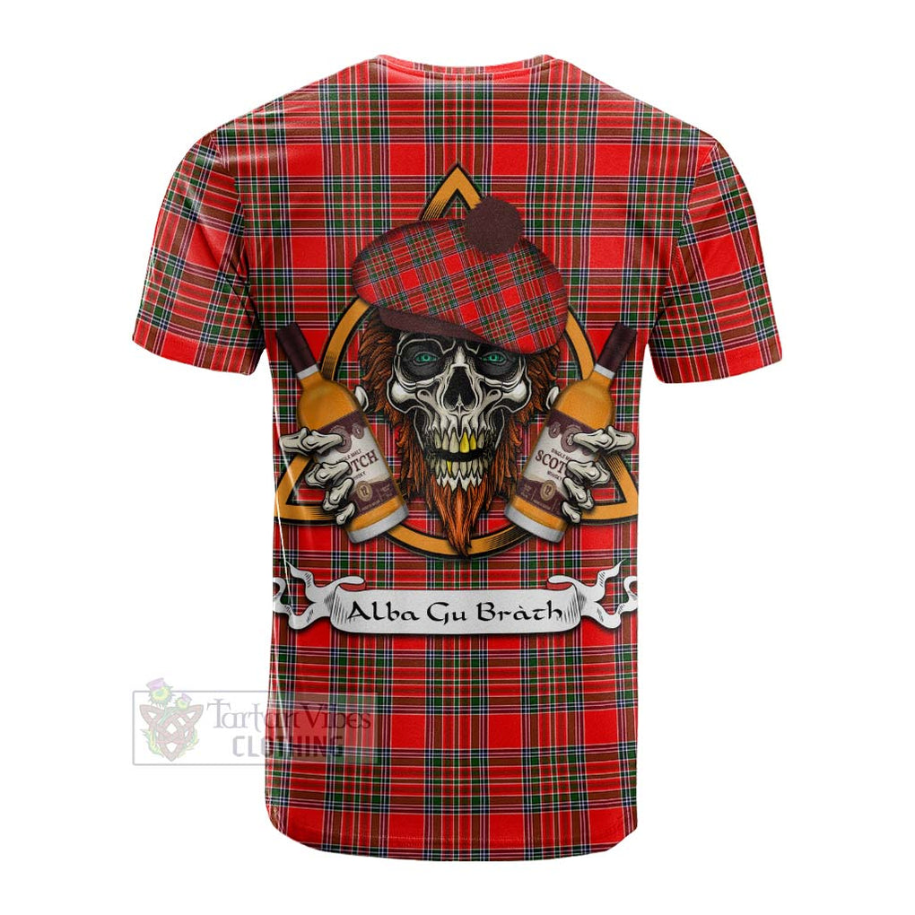 Tartan Vibes Clothing Binning Tartan Cotton T-shirt with Family Crest and Bearded Skull Holding Bottles of Whiskey