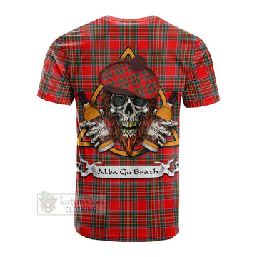 Binning Tartan Cotton T-shirt with Family Crest and Bearded Skull Holding Bottles of Whiskey