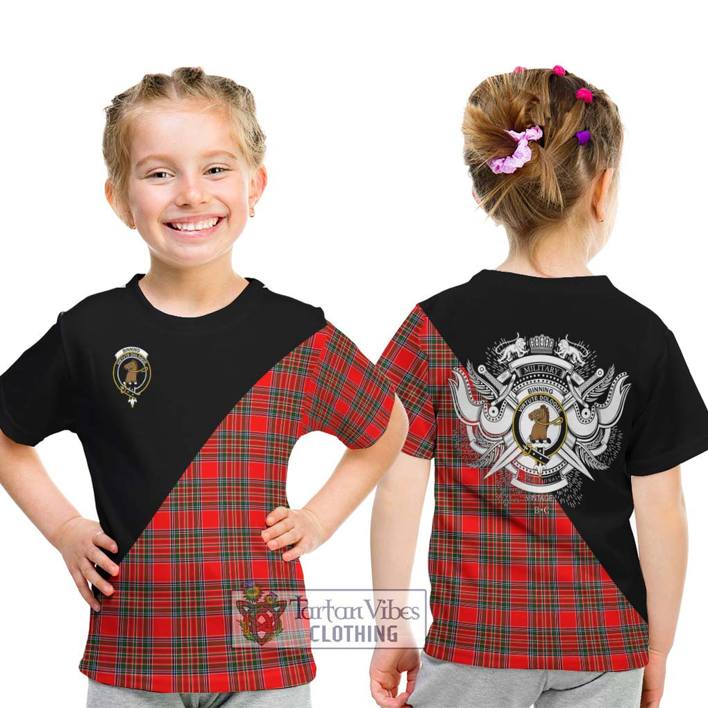 Binning Tartan Kid T-Shirt with Family Crest and Military Logo Style - Tartanvibesclothing Shop