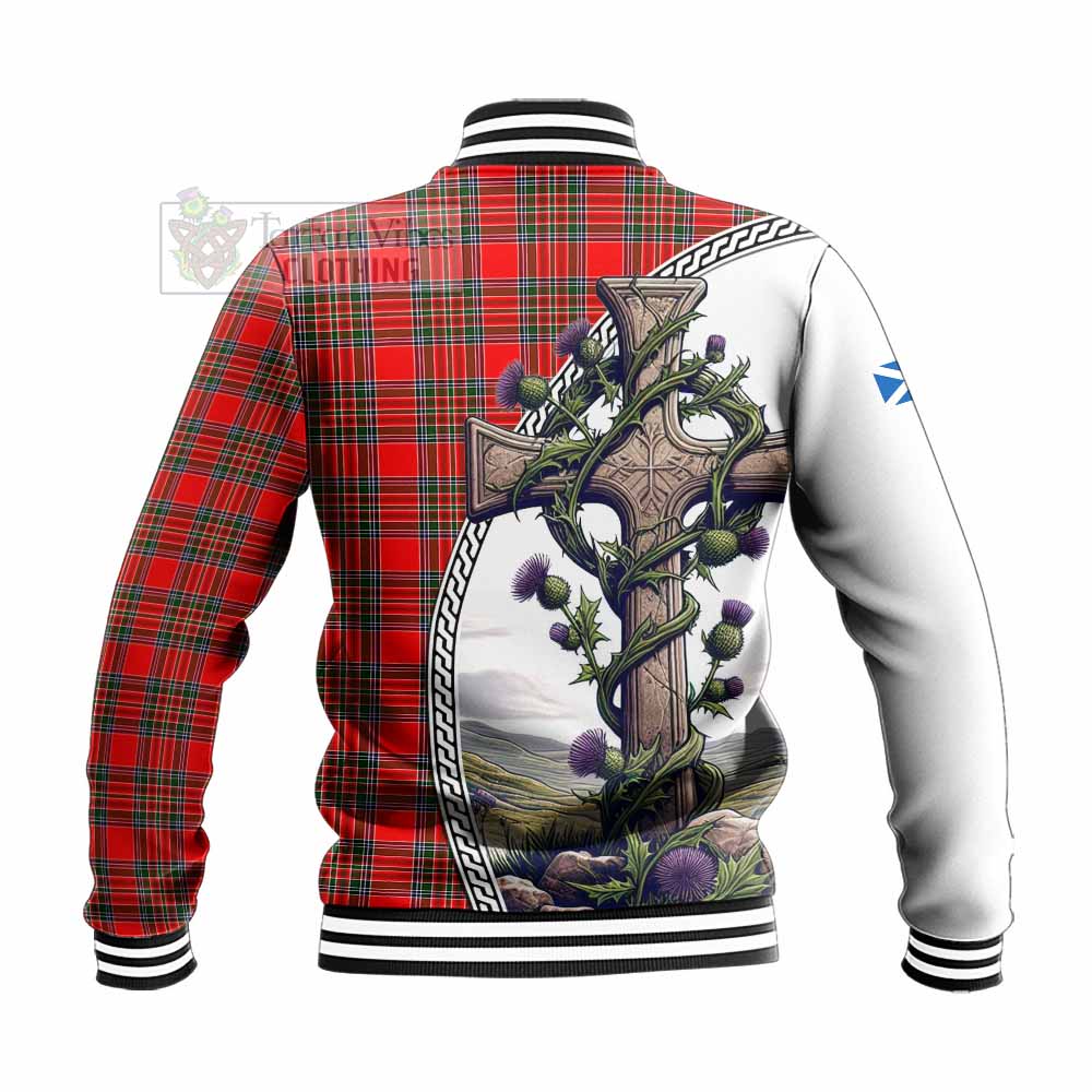 Tartan Vibes Clothing Binning Tartan Baseball Jacket with Family Crest and St. Andrew's Cross Accented by Thistle Vines