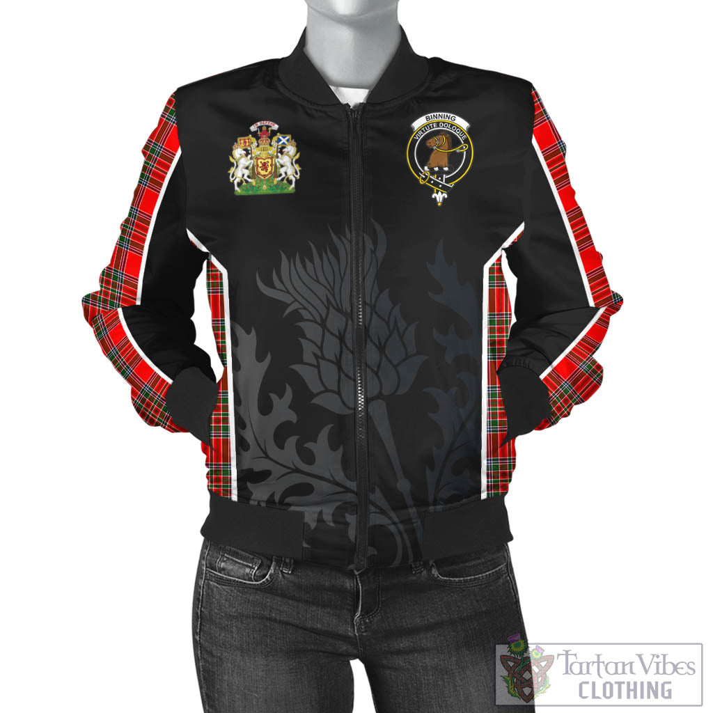 Tartan Vibes Clothing Binning Tartan Bomber Jacket with Family Crest and Scottish Thistle Vibes Sport Style