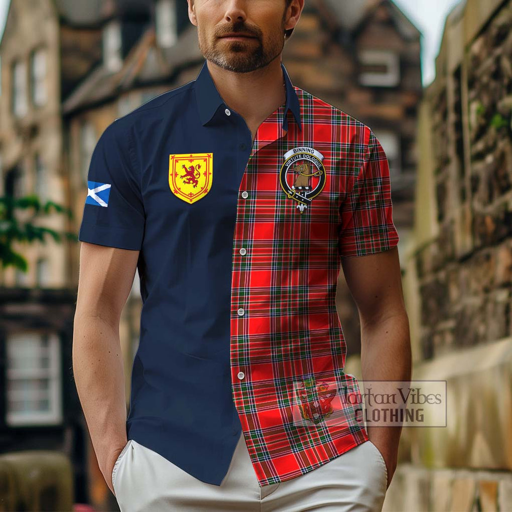 Tartan Vibes Clothing Binning Tartan Short Sleeve Button Shirt with Scottish Lion Royal Arm Half Style