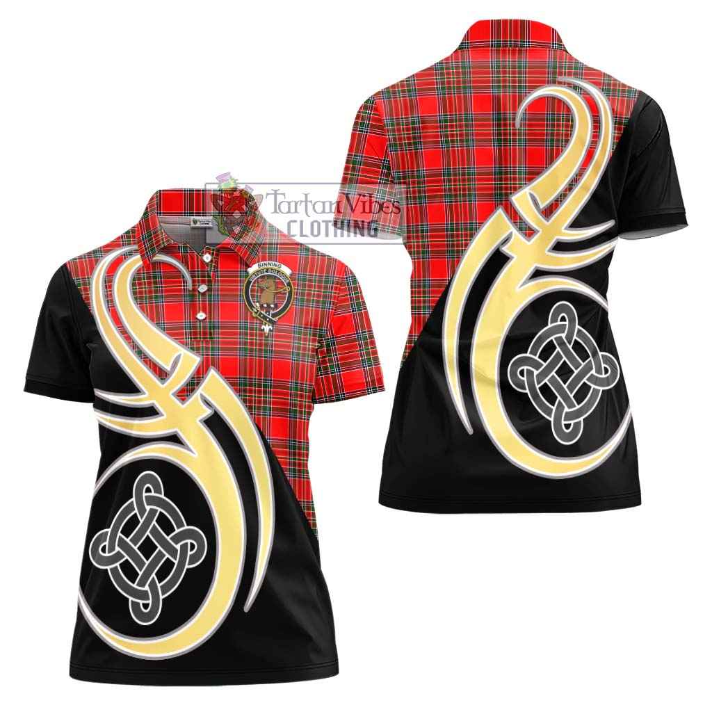 Binning Tartan Women's Polo Shirt with Family Crest and Celtic Symbol Style - Tartan Vibes Clothing