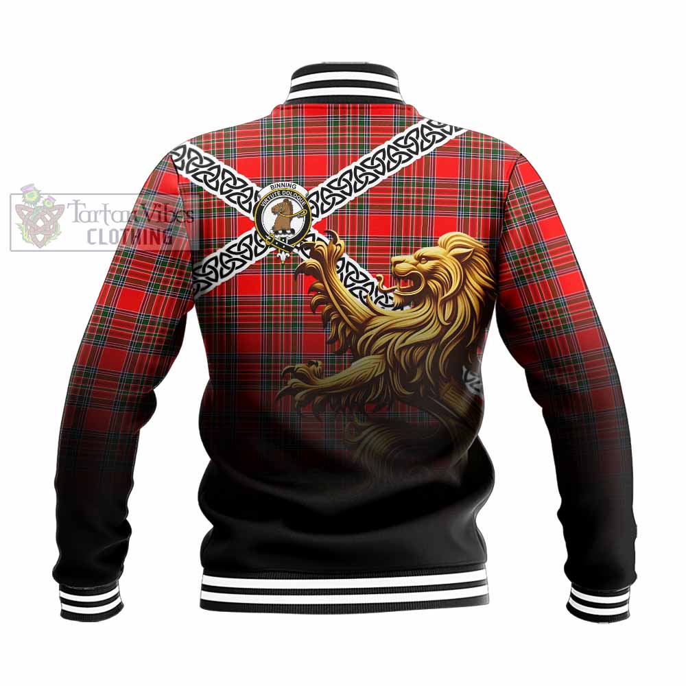 Binning Crest Tartan Baseball Jacket with Golden Lion Emblem Celtic Style - Tartan Vibes Clothing