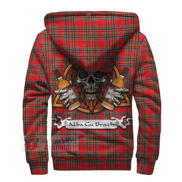 Binning Tartan Sherpa Hoodie with Family Crest and Bearded Skull Holding Bottles of Whiskey