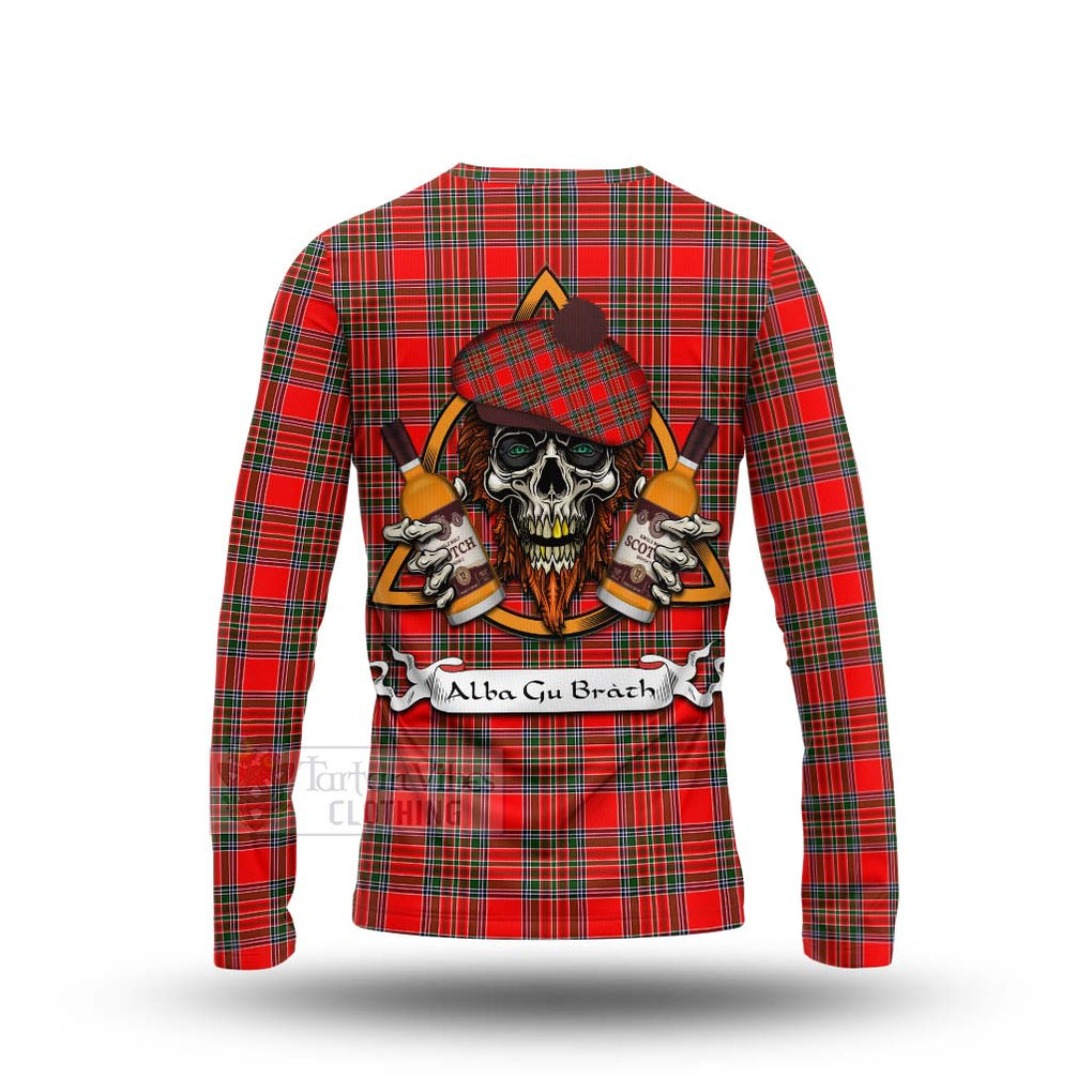 Tartan Vibes Clothing Binning Tartan Long Sleeve T-Shirt with Family Crest and Bearded Skull Holding Bottles of Whiskey