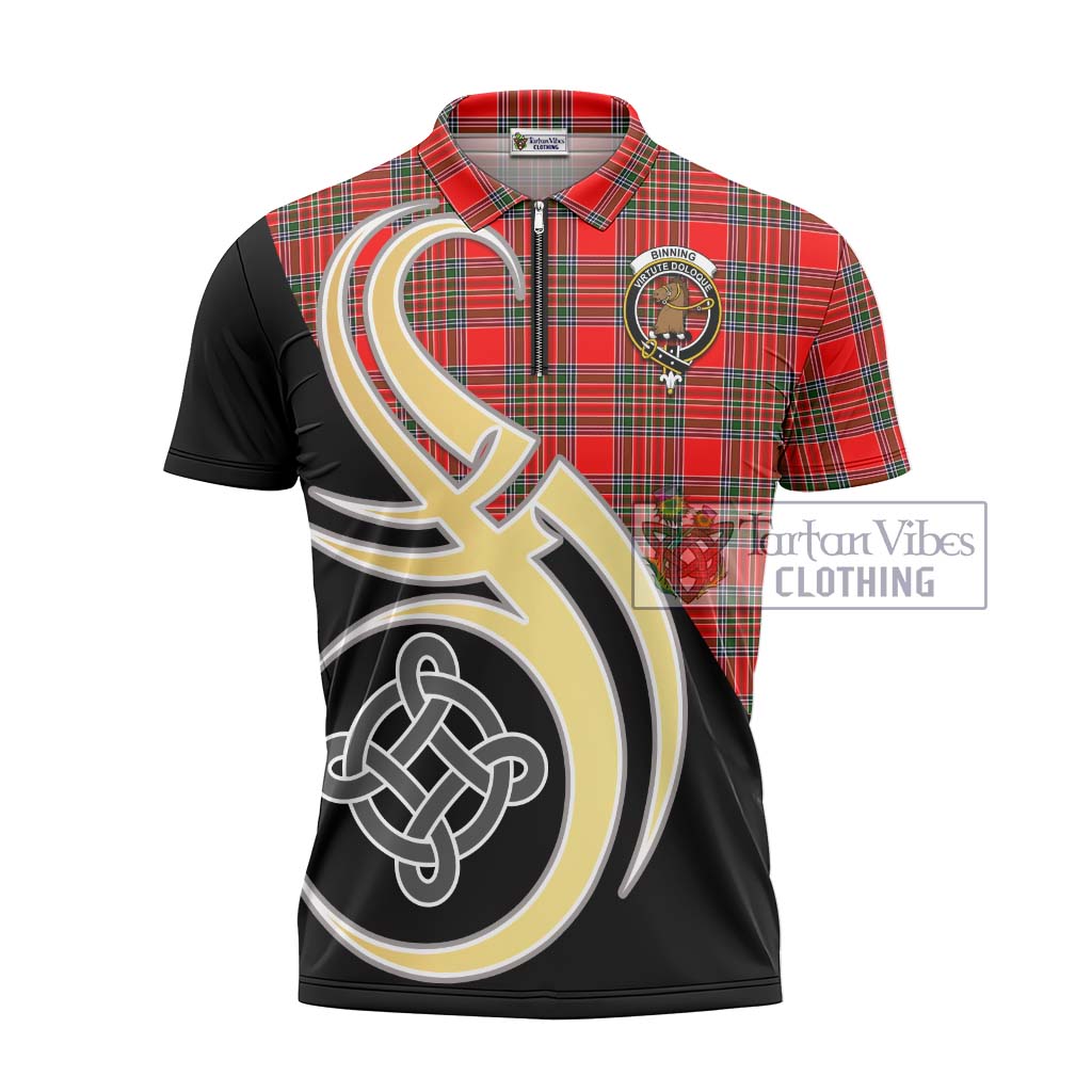 Tartan Vibes Clothing Binning Tartan Zipper Polo Shirt with Family Crest and Celtic Symbol Style