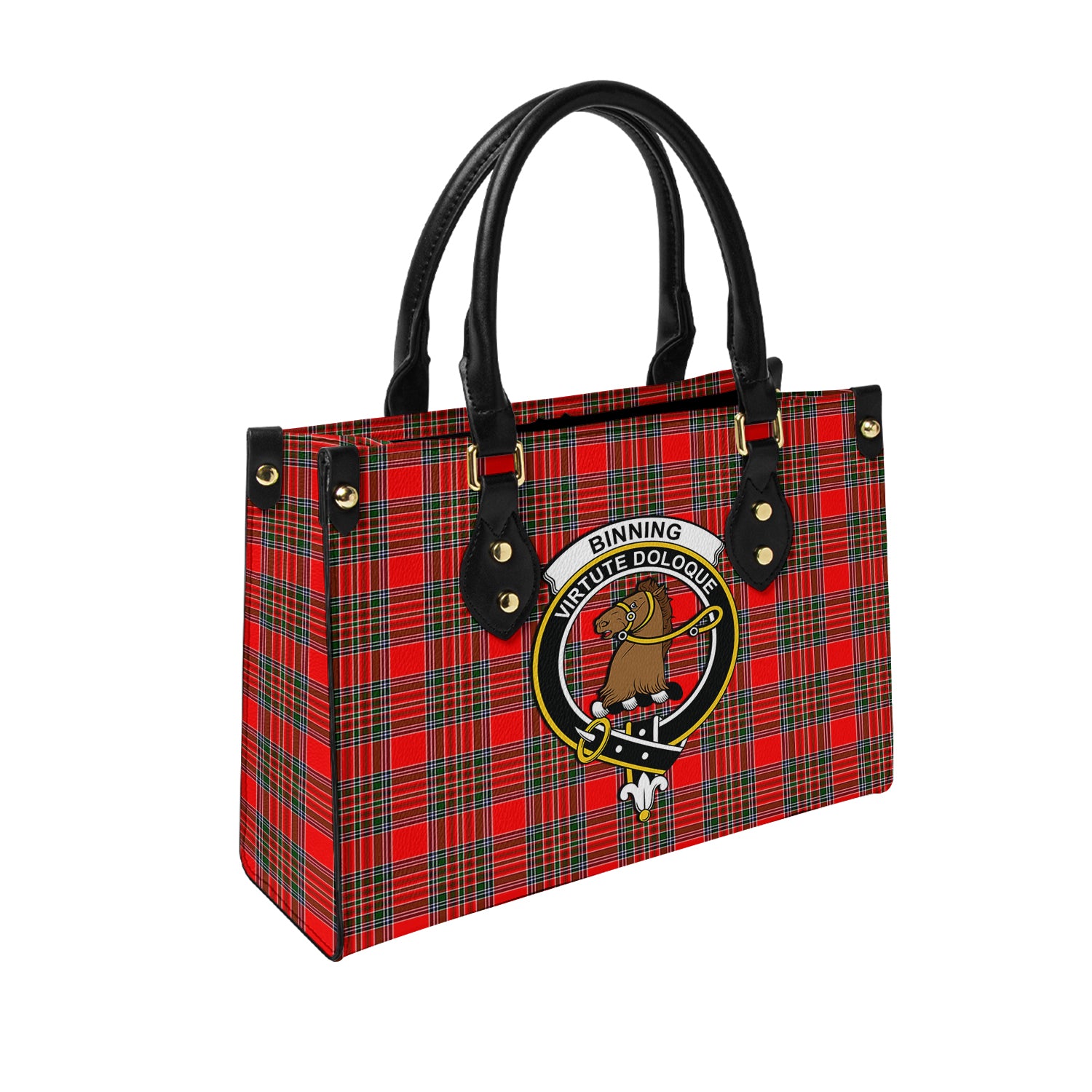 Binning Tartan Leather Bag with Family Crest - Tartanvibesclothing