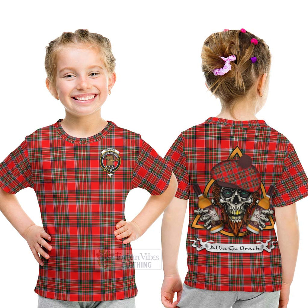 Tartan Vibes Clothing Binning Tartan Kid T-Shirt with Family Crest and Bearded Skull Holding Bottles of Whiskey