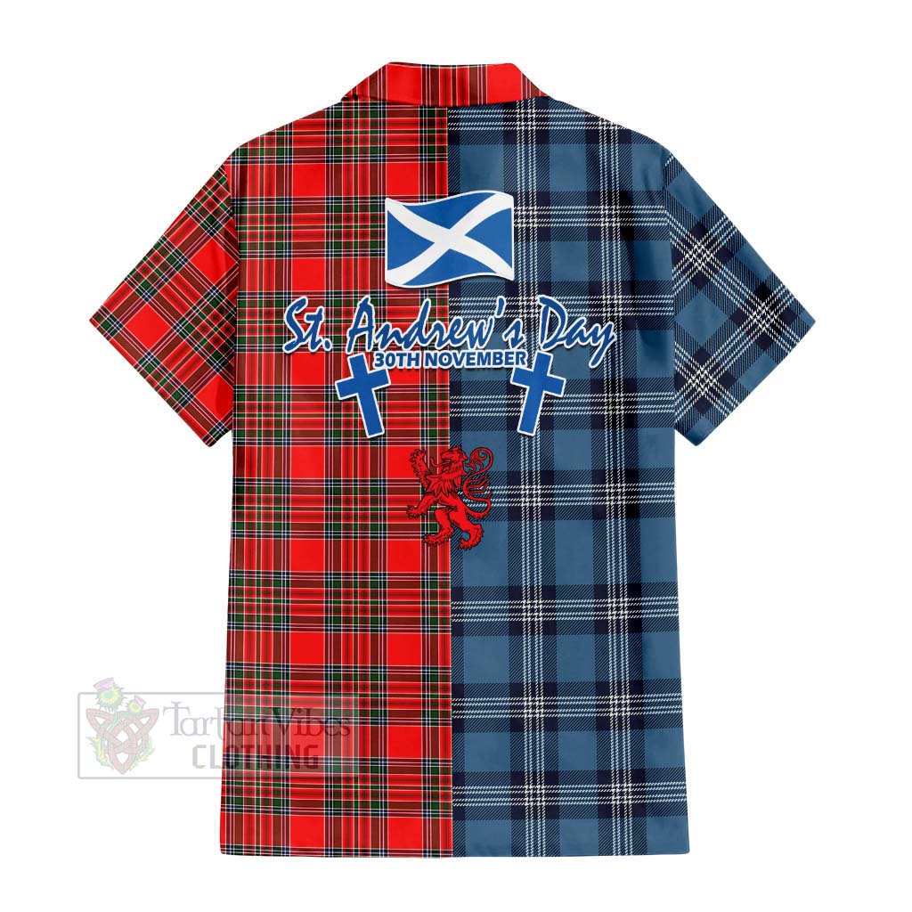 Tartan Vibes Clothing Binning Tartan Short Sleeve Button Shirt Happy St. Andrew's Day Half Tartan Style