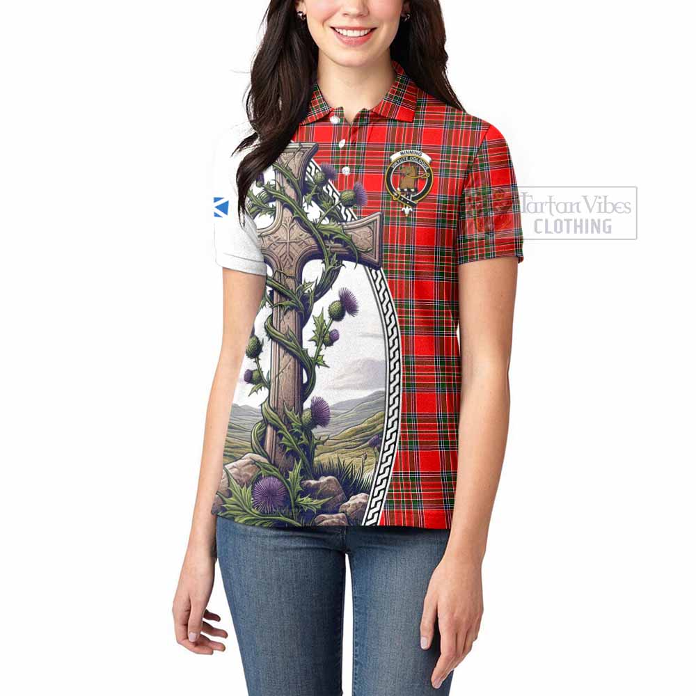 Tartan Vibes Clothing Binning Tartan Women's Polo Shirt with Family Crest and St. Andrew's Cross Accented by Thistle Vines