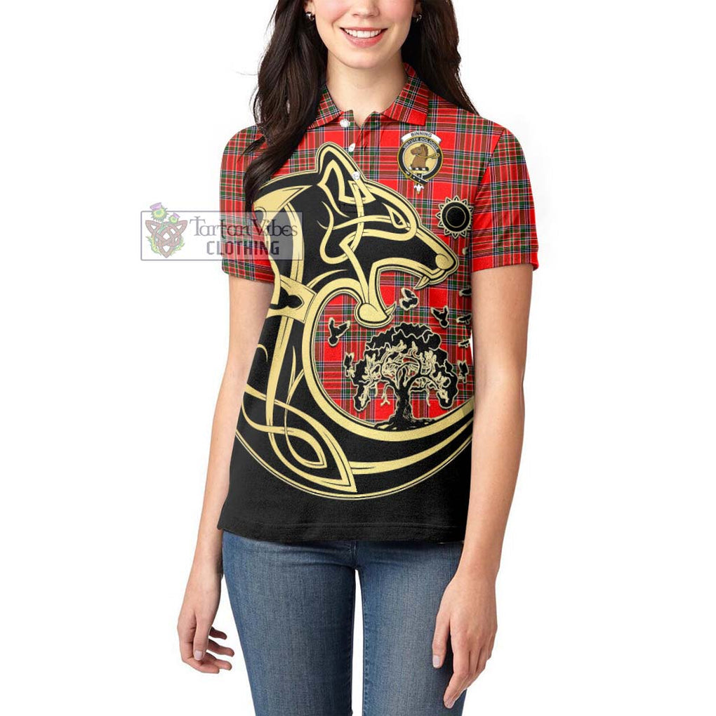 Binning Tartan Women's Polo Shirt with Family Crest Celtic Wolf Style - Tartanvibesclothing Shop