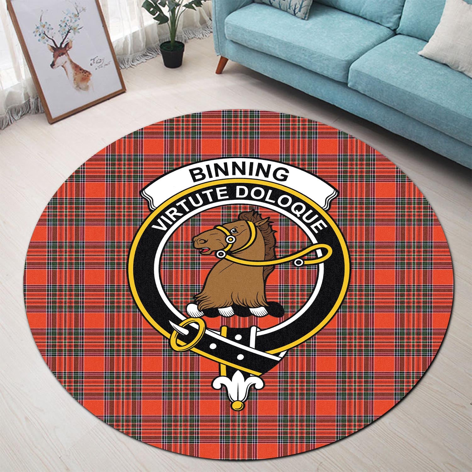 Binning Tartan Round Rug with Family Crest - Tartanvibesclothing