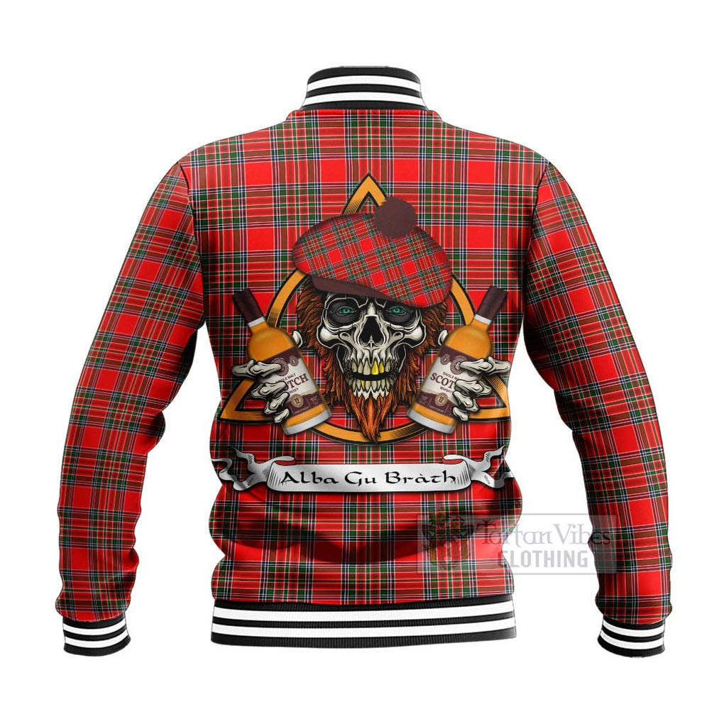 Tartan Vibes Clothing Binning Tartan Baseball Jacket with Family Crest and Bearded Skull Holding Bottles of Whiskey