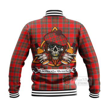 Binning Tartan Baseball Jacket with Family Crest and Bearded Skull Holding Bottles of Whiskey