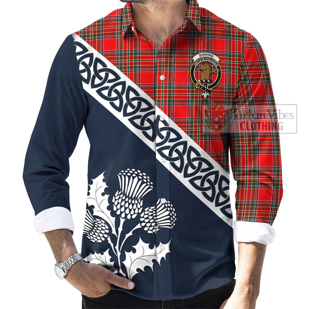 Tartan Vibes Clothing Binning Tartan Long Sleeve Button Shirt Featuring Thistle and Scotland Map