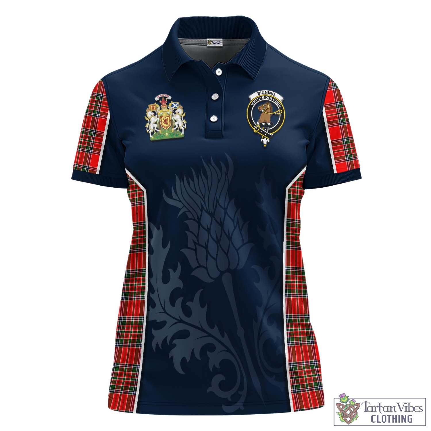 Tartan Vibes Clothing Binning Tartan Women's Polo Shirt with Family Crest and Scottish Thistle Vibes Sport Style