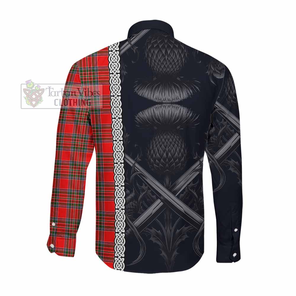 Binning Tartan Long Sleeve Button Shirt with Family Crest Cross Sword Thistle Celtic Vibes Men's Shirt - Tartan Vibes Clothing