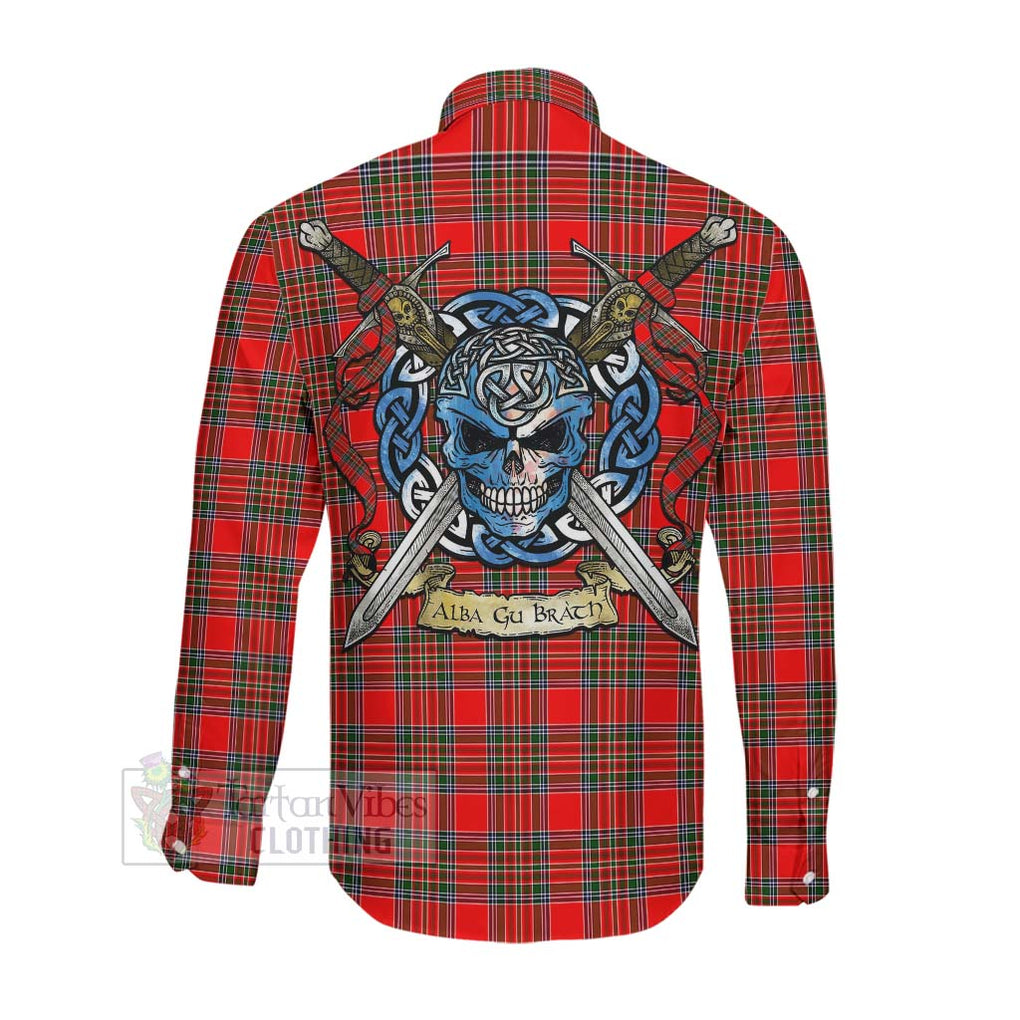 Tartan Vibes Clothing Binning Tartan Long Sleeve Button Shirt with Family Crest Celtic Skull Style