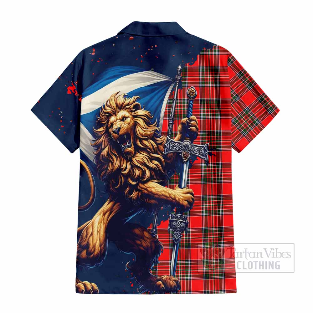 Tartan Vibes Clothing Binning Tartan Family Crest Short Sleeve Button Shirt with Scottish Majestic Lion