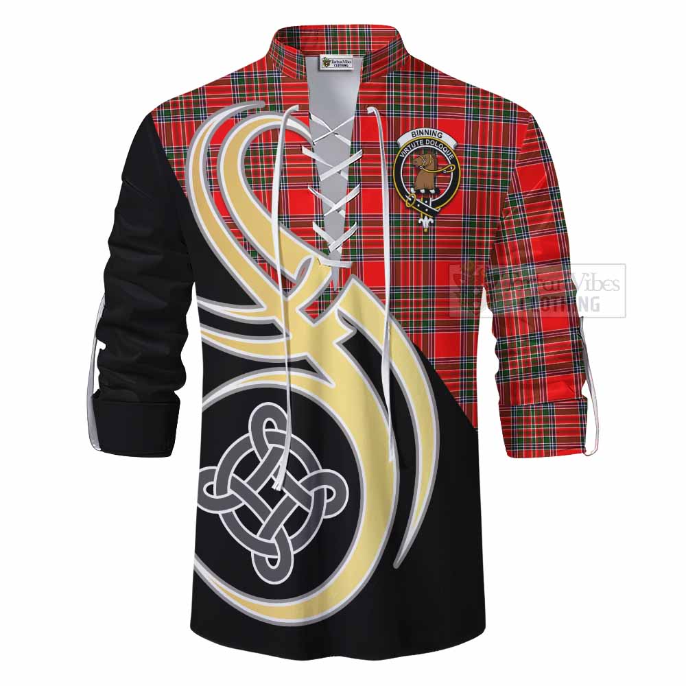 Tartan Vibes Clothing Binning Tartan Ghillie Kilt Shirt with Family Crest and Celtic Symbol Style