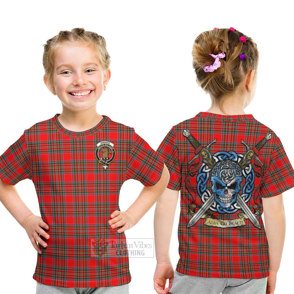 Tartan Vibes Clothing Binning Tartan Kid T-Shirt with Family Crest Celtic Skull Style