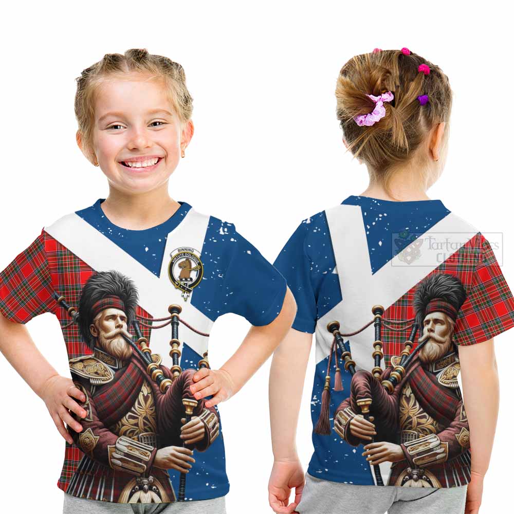 Tartan Vibes Clothing Binning Tartan Kid T-Shirt with Family Crest Scottish Bagpiper Vibes