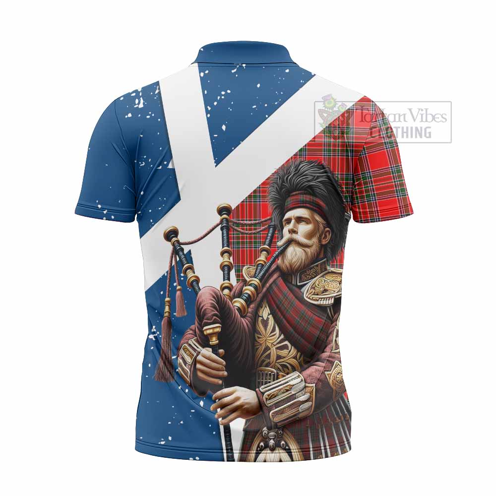 Tartan Vibes Clothing Binning Tartan Zipper Polo Shirt with Family Crest Scottish Bagpiper Vibes