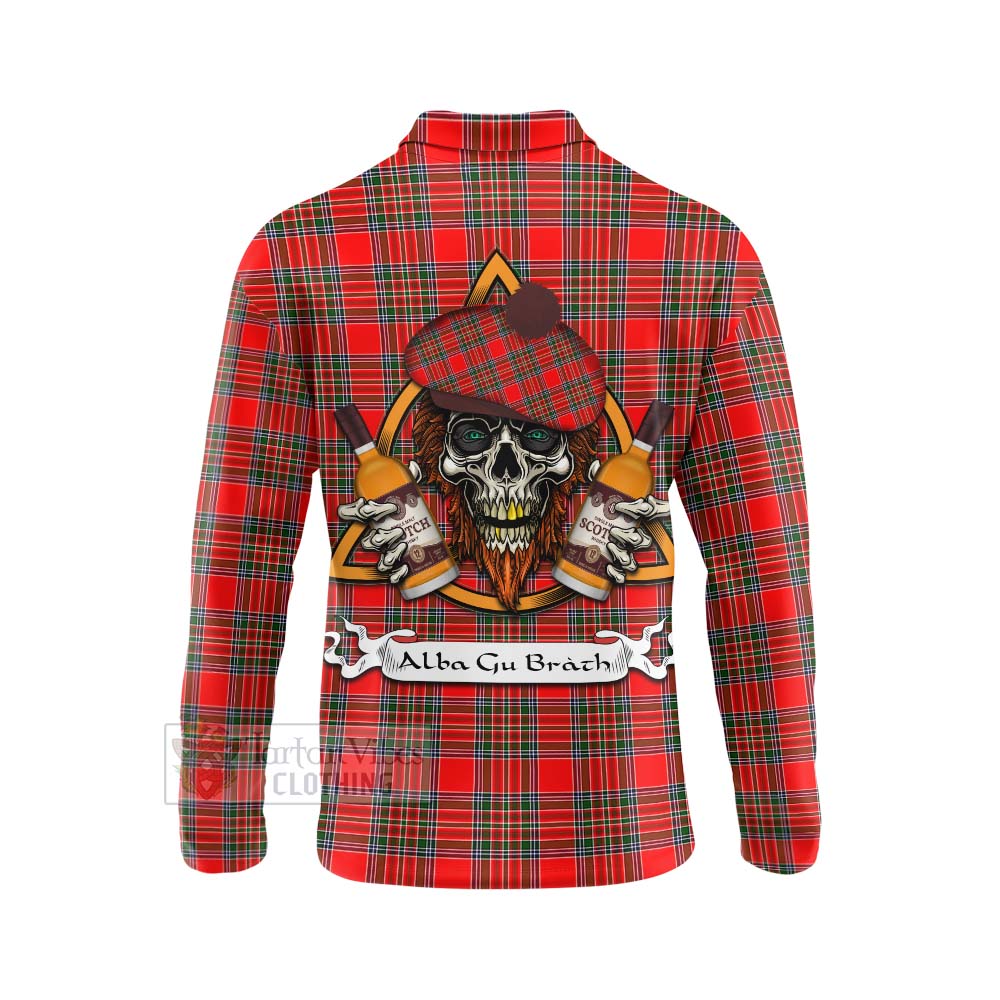 Tartan Vibes Clothing Binning Tartan Long Sleeve Polo Shirt with Family Crest and Bearded Skull Holding Bottles of Whiskey