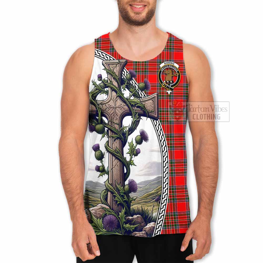 Tartan Vibes Clothing Binning Tartan Men's Tank Top with Family Crest and St. Andrew's Cross Accented by Thistle Vines