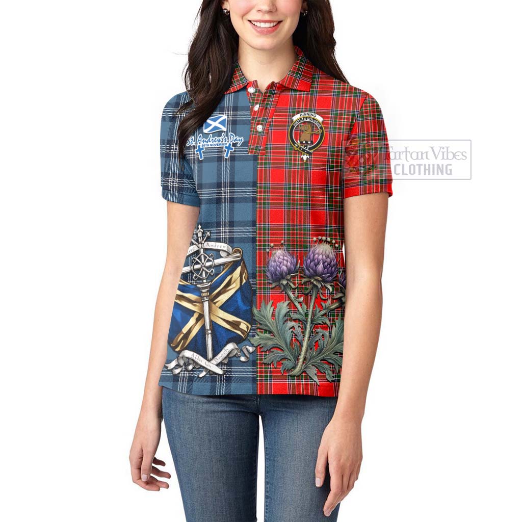 Tartan Vibes Clothing Binning Tartan Women's Polo Shirt Happy St. Andrew's Day Half Tartan Style