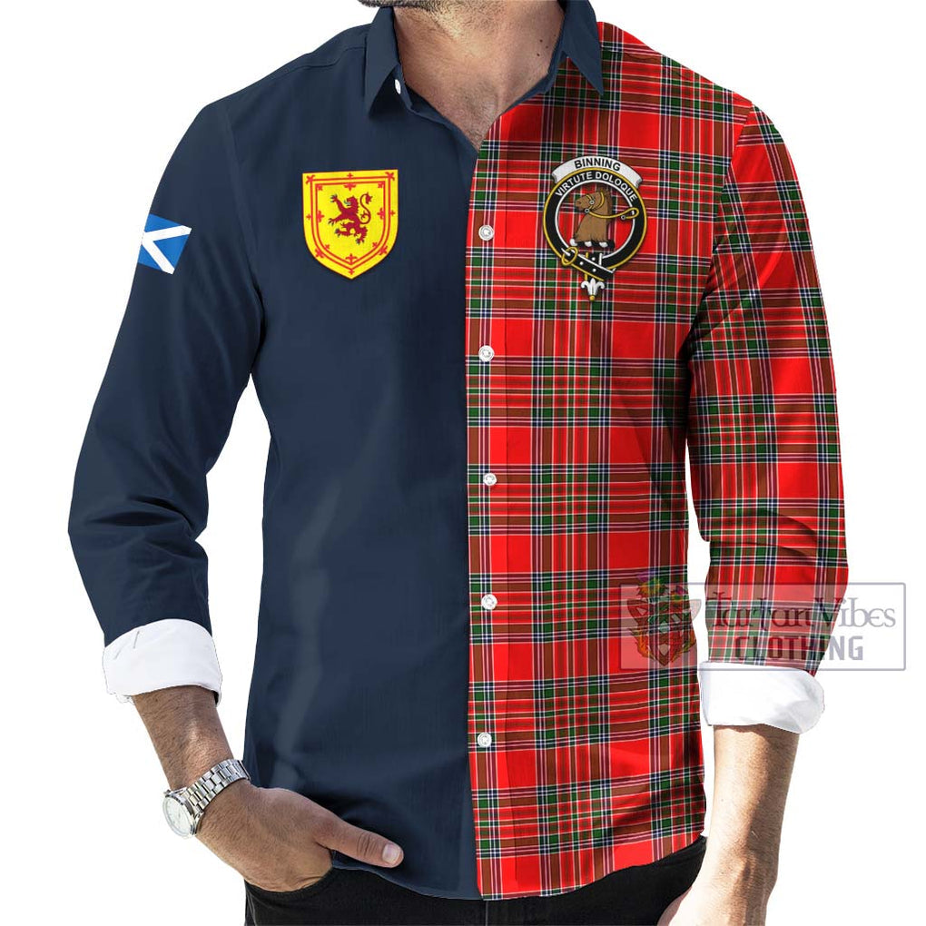 Tartan Vibes Clothing Binning Tartan Long Sleeve Button Shirt with Scottish Lion Royal Arm Half Style