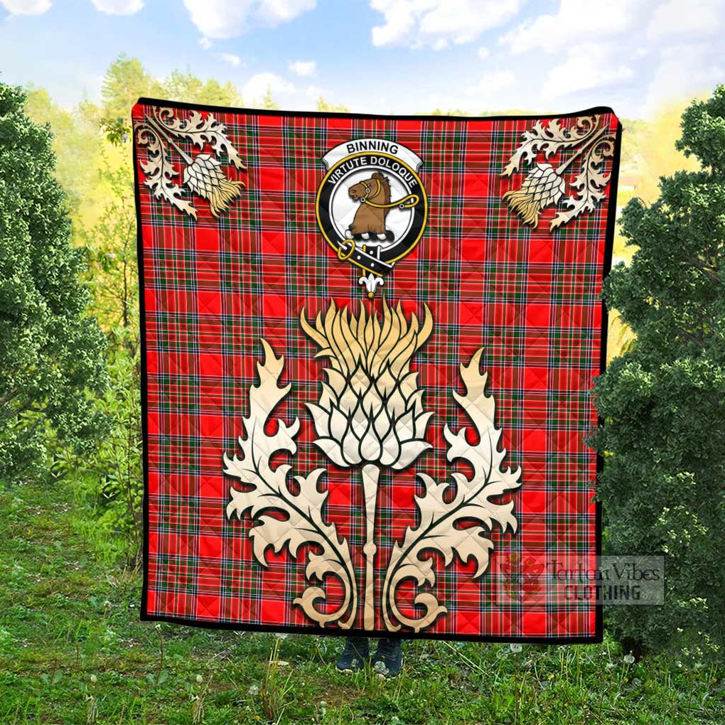 Tartan Vibes Clothing Binning Tartan Quilt with Family Crest and Golden Thistle Style