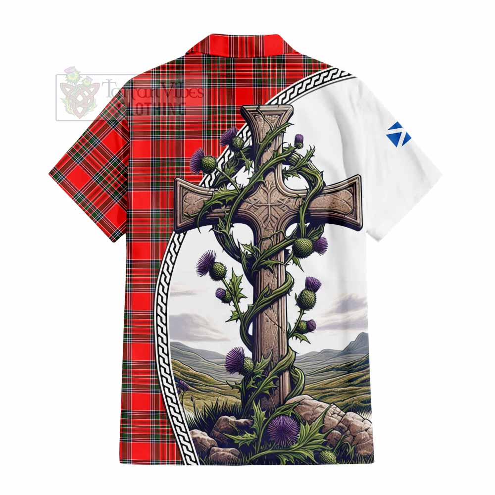 Tartan Vibes Clothing Binning Tartan Short Sleeve Button Shirt with Family Crest and St. Andrew's Cross Accented by Thistle Vines