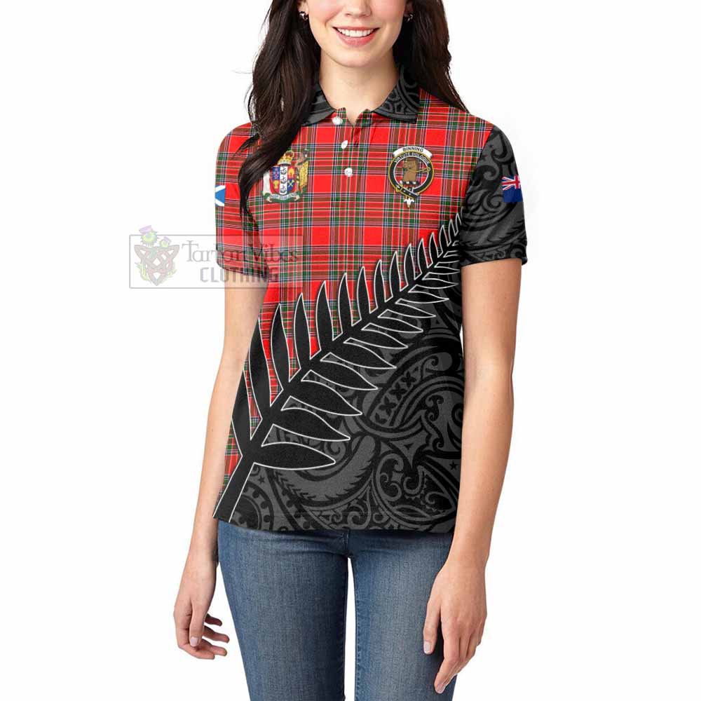 Tartan Vibes Clothing Binning Crest Tartan Women's Polo Shirt with New Zealand Silver Fern Half Style