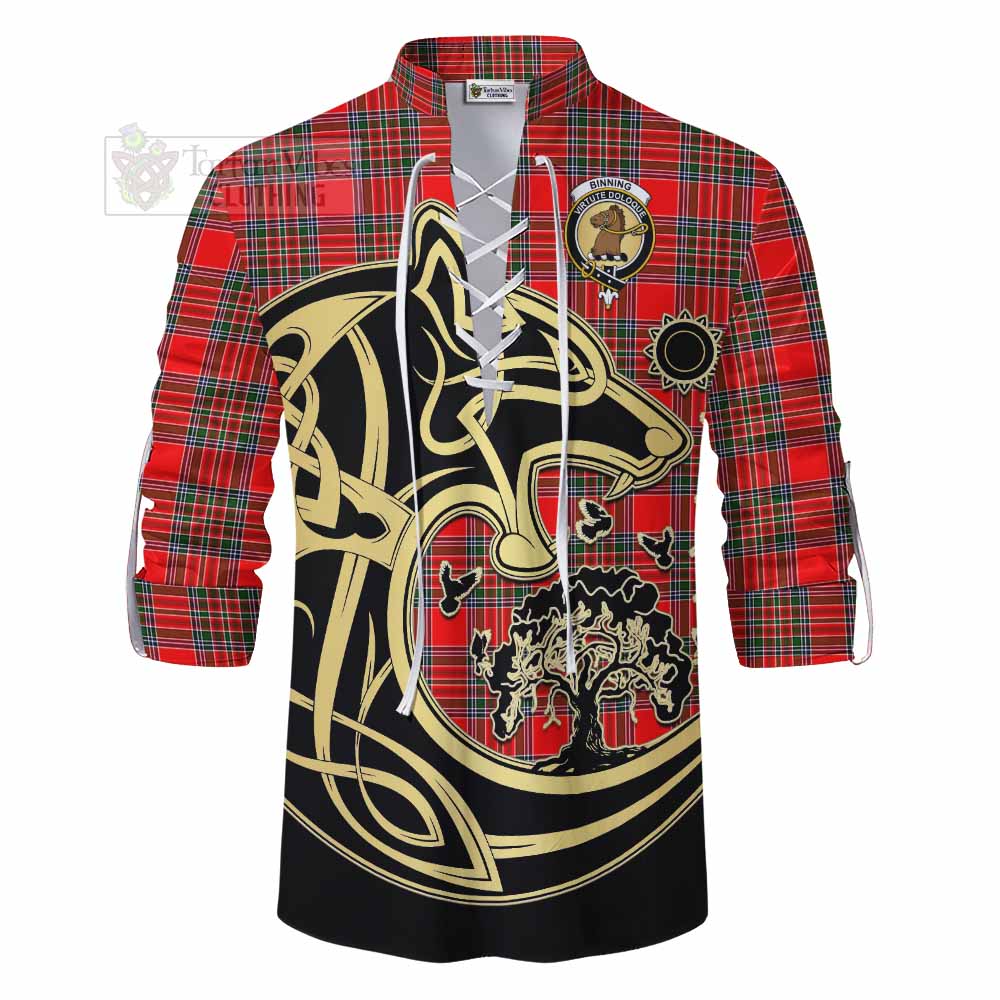 Tartan Vibes Clothing Binning Tartan Ghillie Kilt Shirt with Family Crest Celtic Wolf Style