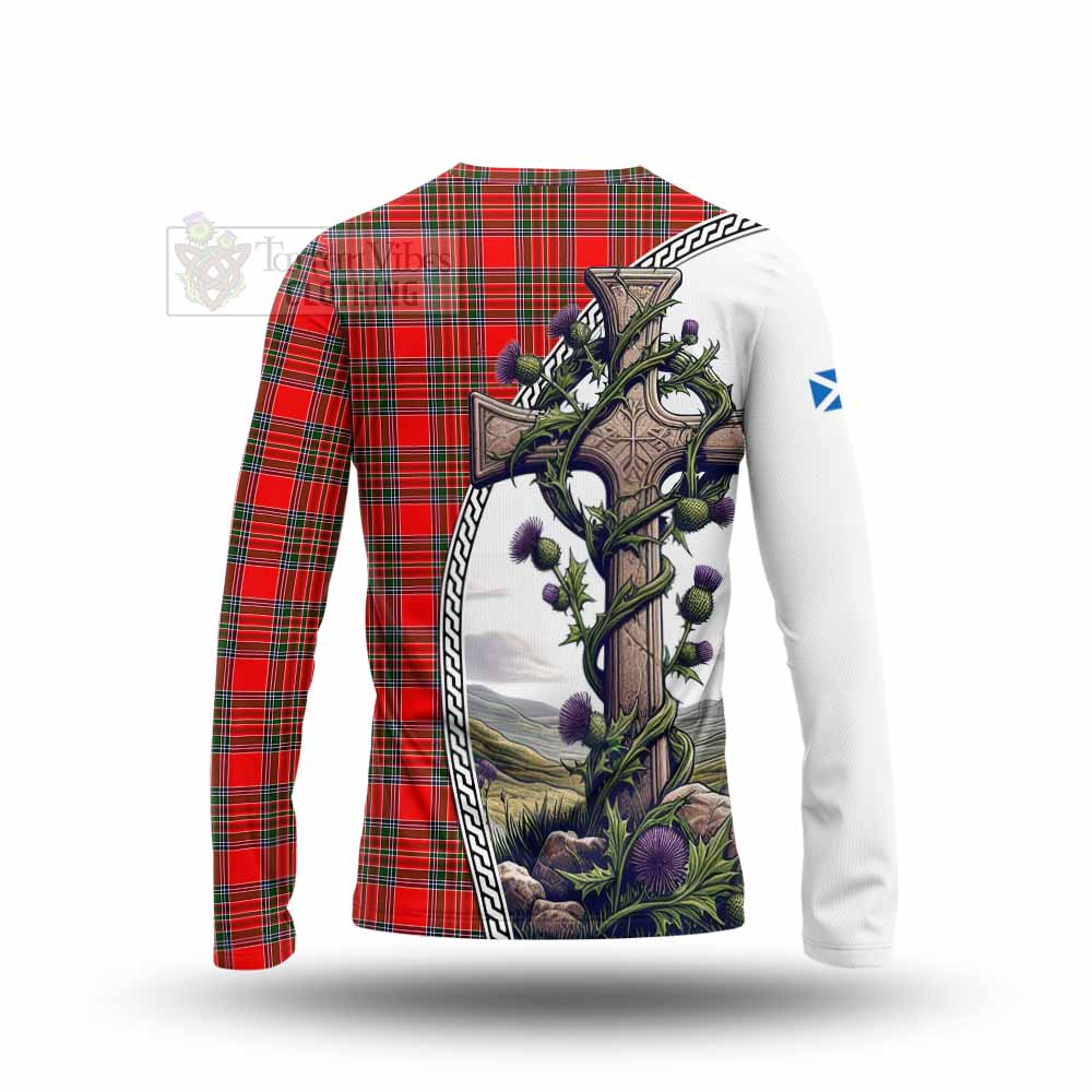 Tartan Vibes Clothing Binning Tartan Long Sleeve T-Shirt with Family Crest and St. Andrew's Cross Accented by Thistle Vines