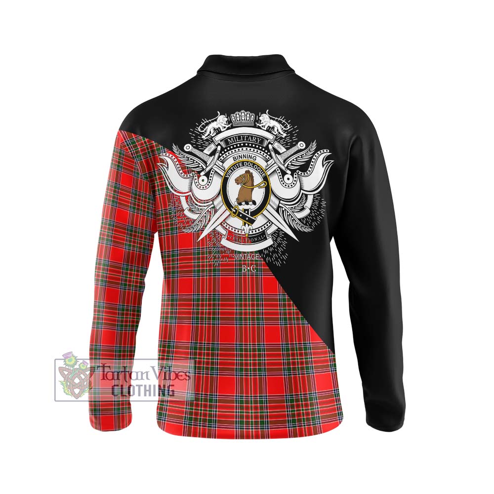 Binning Tartan Long Sleeve Polo Shirt with Family Crest and Military Logo Style - Tartanvibesclothing Shop