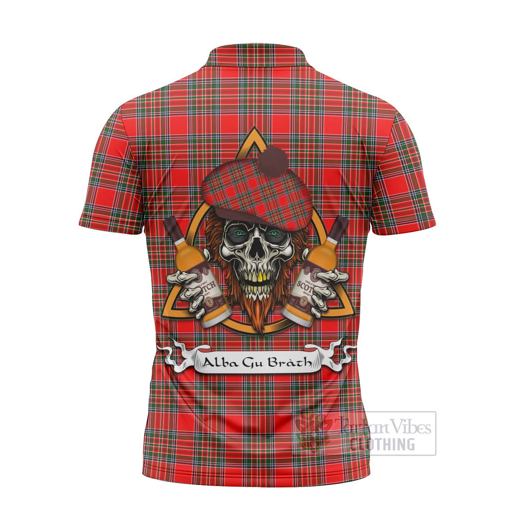 Tartan Vibes Clothing Binning Tartan Zipper Polo Shirt with Family Crest and Bearded Skull Holding Bottles of Whiskey