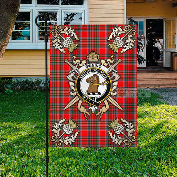 Binning Tartan Flag with Family Crest and Golden Thistle Crossed Sword Design